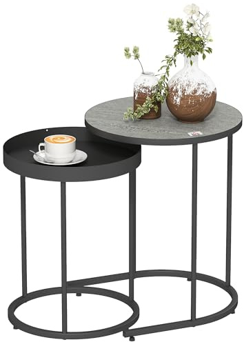 HOMCOM Set 2 Tavolini da Salotto Impilabili in Stile Industriale con Bordo Rialzato, Tavolini Rotondi in MDF e Metallo, per Soggiorno, Camera da Letto, Ufficio, Grigio e Nero