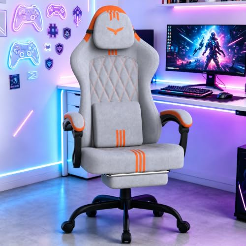 Verdego Silla Gaming, Silla Gamer Ergonómica con Masajeador Cojín Lumbar, Reposapiés Retractable y Reposacabezas, Terciopelo, Reclinable 90-145°, Altura Regulable 10cm, Sillas Gaming, Gris y Naranja