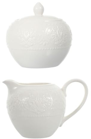 JECOMPRIS Lot 2 Pichets à Lait et Sucrier en Céramique Blanc 2 Pièces, Pot à Lait Domestique, Sucrier Relief pour Café, Accessoire la Cuisine Polyvalent, Usage Famille et Café, Vaisselle