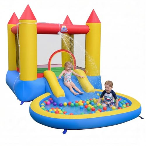 COSTWAY Inflatable Bounce House, Kids Water Park Wet Dry with Splash Pool, Water Slide & Bouncy Area, Children Blow up Bouncy Castle Jumping Playhouse for Indoor Outdoor