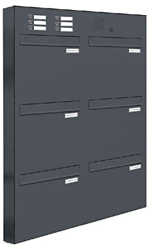 AL Briefkastensysteme 6er Briefkasten für Tür/Zaundurchwurf mit Klingel, in Anthrazit Grau RAL 7016, 6 Fach Briefkastenanlage Design modern