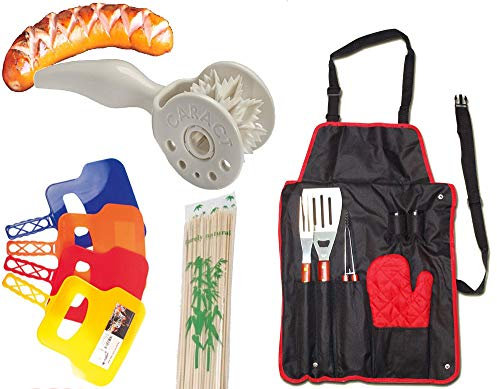 rukauf Grill Set - Caract Wurstroller + Grillschürze(inkl. Besteck) + Fächer(Weher) + Holzspiesse