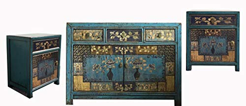 OPIUM OUTLET Meuble Chambre Chinois Asiatique Buffet Commode Sideboard Console chiffonnier Bleu avec 2 Tables de Chevet en Bois de pin