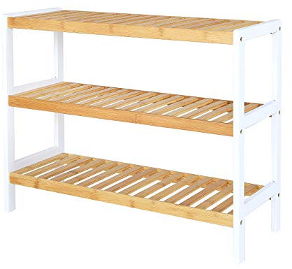 dibea Schuhregal mit 3 Ablagefächern Schuhschrank Bambusregal Standregal Küchenregal Wohnzimmerregal 70x26x55 cm, naturfarben/weiß