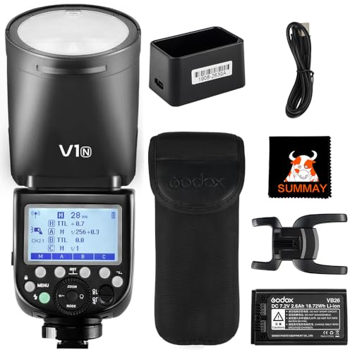 Godox V1-N TTL Runder Kamerablitz für Nikon Kamera 7.6Ws 1 / 8000HSS 480 Full Power Shots 1.5sek Recycling Zeit 26OOmAh Wiederaufladbare Akku