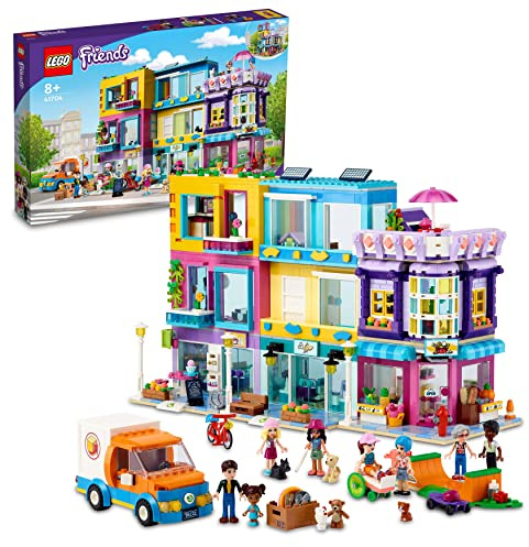 LEGO 41704 Friends Wohnblock in Heartlake City mit Friseursalon und Café, Puppenhaus mit 7 Minipuppen, Hausmodell mit Wohngebäuden, Kinderspielzeug