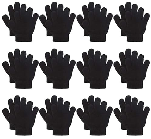 12 Pairs Kid's Winter Magic Gloves Children Stretchy Warm Magic Gloves Boys or Girls Knit Gloves (Black Magic Glove)