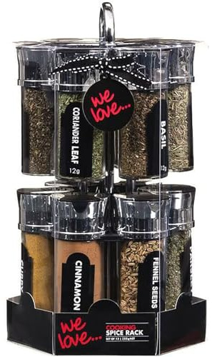 GBS 12 Pieces Jar Set with Rotating Rack - Spice Holder Kitchen Spice Rack - Chrome Turnable Revolving Spice Rack with Herbs & Spices Included - Kitchenware Organizer with Containers & Weighted Base