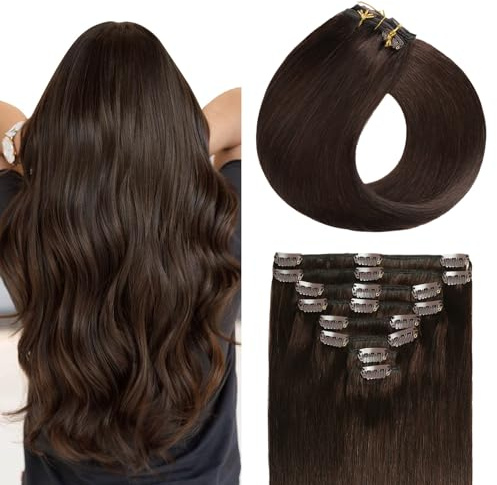Sunya Invisible Clip in Extensions Echthaar Dunkelbraun 35cm 110g 8 Stück | Echthaar Haarverlängerung Clip In 100% Remy NatüRlich Glatthaar Seamless Skin Weft, Für Feines, Normales Haar