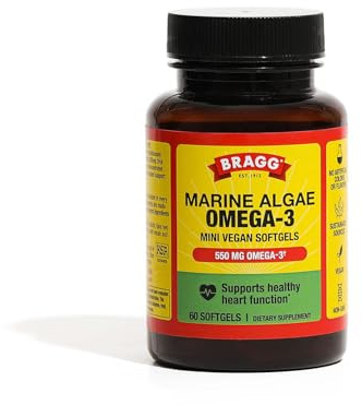 Bragg Omega-3 Supplement Capsules with DHA and EPA - 60 Vegan Softgels - Sustainably-Sourced Marine Algae - Supports Eye and Brain Health