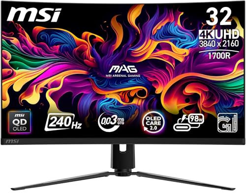 MSI MPG 321CURX QD-OLED 32 Inch UHD Curved Gaming Monitor - 1700R, 3840 x 2160 Quantum Dot OLED Panel, 240Hz / 0.03ms, 99% DCI-P3, ΔE≤2, DisplayHDR True Black 400, DP 1.4a, HDMI 2.1, USB Type-C