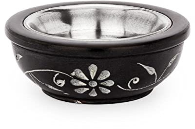 NKlaus 7,5cm bruciatore d'incenso Saraa in pietra ollare nera con ciotola rotonda in acciaio inox 14016