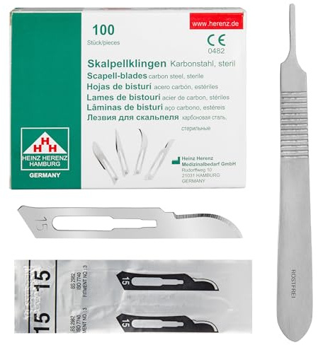 Set - 100 Stück sterile Skalpellklingen Figur 15 aus Karbonstahl - Ersatzklingen + 1 x Shehadeh - Skalpell-Halter - Edelstahl