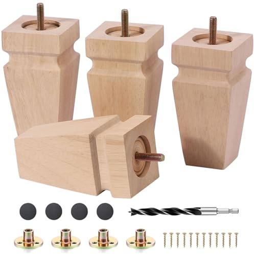 Texphw Unfinished Oak Sofa Legs - Heavy Duty Mid Century Solid Wood Replacement Furniture Legs Set of 4 for Couch, Table, Bench, Bed, Dresser, Chair - with Installation Hardware (Natural 5H*2.75W)