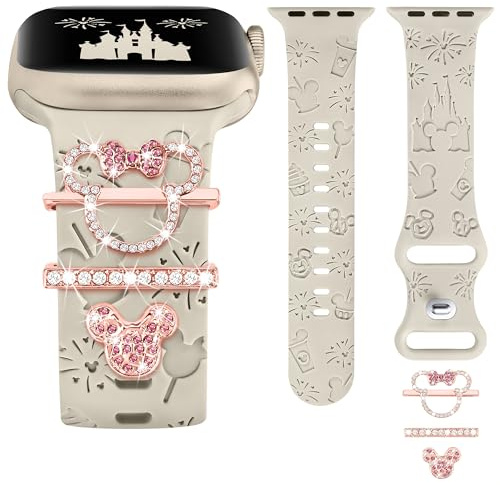 BEEXI Compatible Apple Watch Straps 41mm, 40mm, 38mm, 42mm for Women, Silicone Band with Cute Engraved Glitter Rings for iWatch Series 1-7, SE