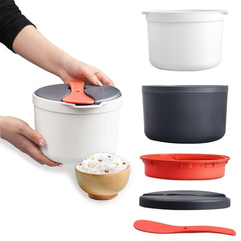 Cuoci Riso e Cereali per Microonde, Cuociriso Microonde da 2L, Colore Bianco, Contenitore per Microonde con Vassoio per la Cottura a Vapore e Cucchiaio per Il Riso, Senza BPA, per Cereali, Legumi