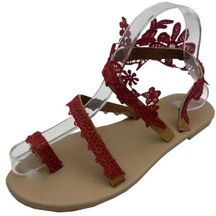 SDGHH-8MMDM Damen-Sandalen Flach Sommer Spitze Blumen Elegant Lässig Zehenring Riemen Retro-Römische Low-Top-Strandsandalen,Rot,38