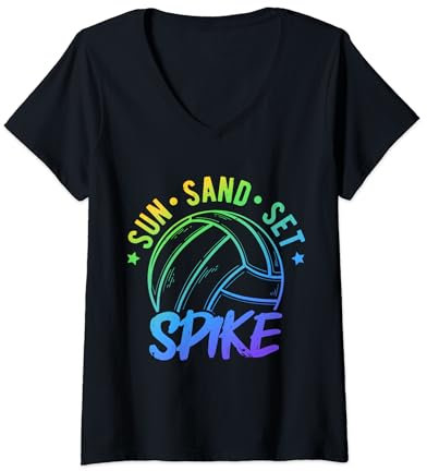 Damen SUN SAND SET SPIKE Beach-Volleyball Hobby-Sportler Trainer T-Shirt mit V-Ausschnitt