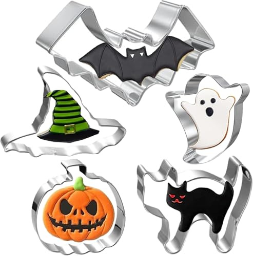 MEESOGA Halloween Ausstechformen Kürbis Ausstechformen, 5Pack Plätzchenausstecher Edelstahl Keksausstecher für Halloween Kürbis Katze Geist Hexenhut Fledermaus Cookie Cutter Plätzchenformen Set