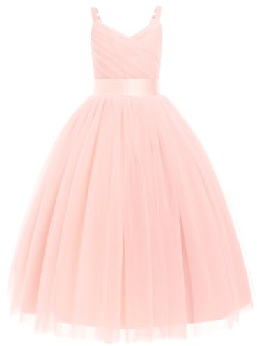 IDOPIP Ragazza Fiori Principessa Abito Lungo Pieghettato Matrimonio Damigella d'onore Abito Da Sfera Ricamo Fiore Pizzo Elegante Scollo a V, Rosa, 11-12 Anni