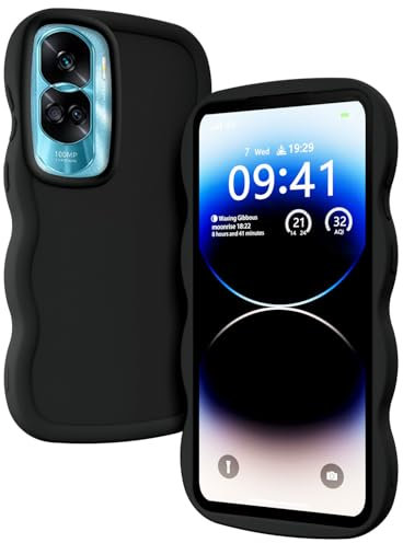 XINYEXIN Liquid Silicone Case for Honor 90 Lite 5G, Wave Frame Curly Shape Cute Protective Case Soft Shockproof Bumper Cover - Black