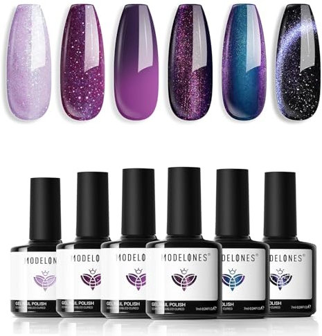 Modelones Gel Nail Polish Set, 6 Colors Purple Sparkle Chameleon Gel Polish Holographic Black Blue Glitter Nail Polish Set Changing 9D Cat Eye Nail Varnish Kit Soak Off Nail Art Manicure DIY Salon