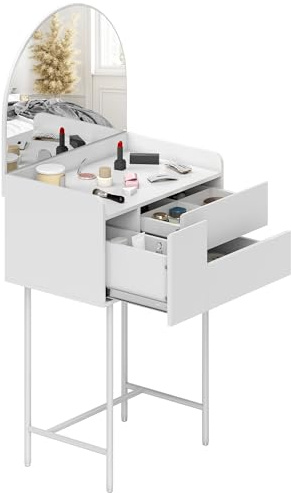 HOMCOM Tavolino da toilette con specchio ad arco, scrivania moderna per il trucco con 3 cassetti, tavolino da toilette per camera da letto, piccoli spazi, 60 x 42,5 x 131 cm, bianco