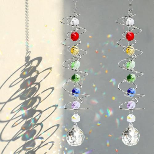 2 Stück Sonnenfänger Kristall, Windspiele für Suncatcher Hängend, Windspiel mit Blick auf Kugel Spiralschwanz, Windspiel Sonnenfänger Fenster für Zuhause Büro Garten Outdoor Deko