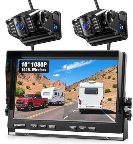 2 Magnetische Rückfahrkamera Kabellos, 10 Zoll 1080P FHD Monitor, 9600mAh Wiederaufladbare Akku, 1-Min Einrichtung, IP69K Wasserdicht Rückfahrkameras für Wohnmobile,Anhänger und LKWs