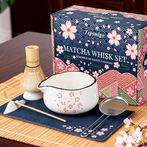 Matcha Whisk Set, 7 PCS Ceramic Matcha Sets with Bowl, Bamboo Whisk and Holder, Towel, Sifter, Bamboo Scoop, Scoop Rest, Christmas Gifts for Tea Lovers, Birthdays New Year Gifts for Women Mom