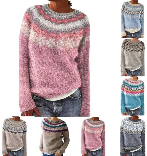 HUIFUAO Fair Isle Jumpers Women Plus Size Christmas Sweater Norwegian Nordic Icelandic Knitwear Warm Thick Pullover Vintage Long Sleeve Tops Sweatshirt(Z02-Light Blue, M)