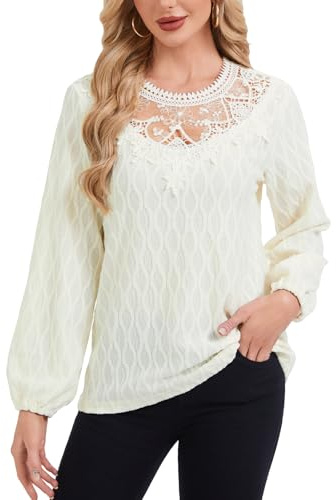 Atxnn Camicetta da Donna Elegante Camicia Girocollo in Pizzo Blusa Casual Festa Top a Maniche Lunghe Tunica per Autunno Primavera