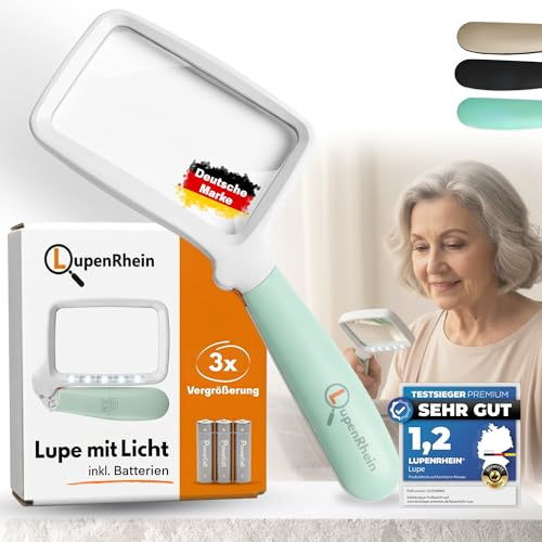LupenRhein® Lupe mit Licht inkl. Batterien - 3X Vergrößerungsglas - Klappbare Leselupe mit Licht für Senioren groß - Handlupe mit LED Licht dimmbar - Hochwertige Lesehilfe für Senioren