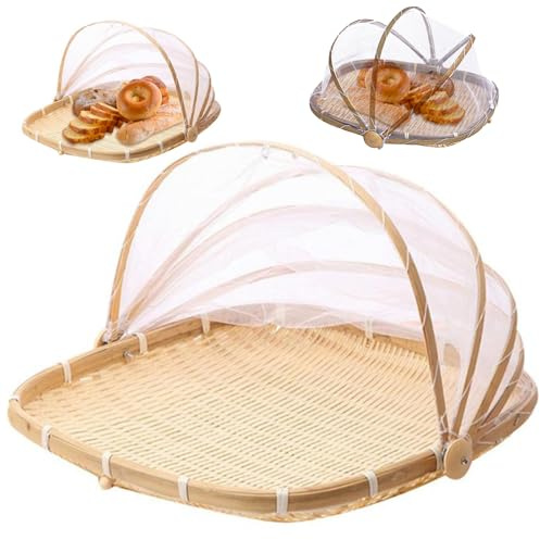 Corbeille à fruits avec couvercle 15x15 pouces corbeille à pain en bambou tissé carré avec couvercle tente de service alimentaire en osier en maille anti-poussière pour pique-nique, légumes, fruits