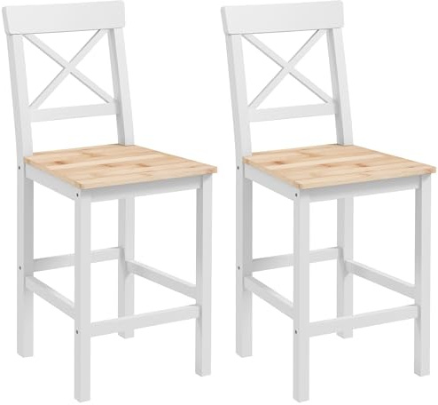 HOMCOM Lot de 2 tabourets de bar, chaises de bar, assise 60,2H cm, dossier haut en croisé et repose-pieds, cadre en bois massif, chaises hautes cuisine, salle à manger, comptoir, blanc et bois naturel
