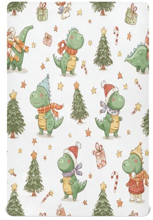 Cgiub Christmas Dinosaurs Crib Sheet for Boys and Girls 132x71x23 cm Cot Sheet Baby Sheet Jersey Soft Breathable Fitted Sheet for Standard Cribs and Toddler Mattresses