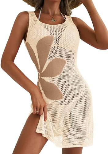 Dokotoo Beach Coverups for Women Floral Women's Swim Cover-Ups Slim Fit Womens Beachwear Hollow Out Side Split Sleeveless Dresses Crochet Cover Ups Bathing Suit Ladies Bikini Cover Up Parchment S
