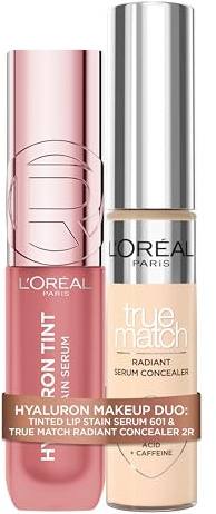 L'ORÉAL PARIS HYALURON MAKEUP DUO: True Match Radiant Serum Concealer (2R) zur Korrektur und Augenpflege & Hyaluron Tint Lip Stain Serum für 12H Hydration & Farbe, Glow & Pflege, Gesicht & Lippen Duo