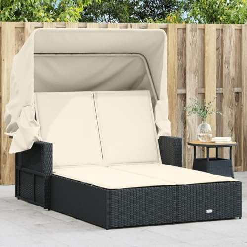 mtlskopl Double Sun Lounger 79x43x58 Inches Outdoor Chaise Lounge Black PE Rattan with Removable Canopy, Adjustable Backrest, Weather- Cushions for Patio Garden Poolside