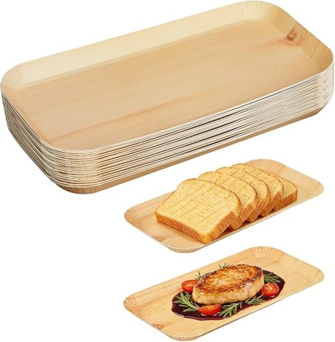 Cherypick Assiettes en carton rectangulaires jetables – lot de 50, motif bois, anti-graisse et résistantes, pour apéritif, desserts, pâtisserie et buffet (26,5 x 12,5 cm)