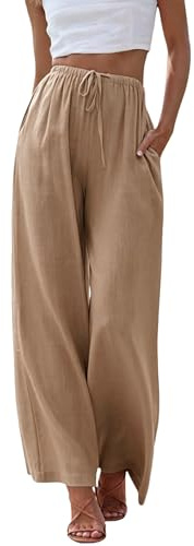 Cegerne Pantaloni di Lino Donna Pantaloni Estivi Leggeri Pantaloni Casual Lunghi Gamba Larga Pantaloni Mussola Palazzo Leggeri Ampi Pantaloni da Spiaggia Estivi con Tasche, Cachi, XL