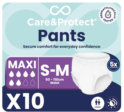 10 x Care & Protect Pants Maxi S/M | Incontinence Pants Maxi Absorbency Pull Up Pants for Men & Women | Soft Disposable Adult Protective Underwear Comfortable Day & Night Protection | Pack of 10