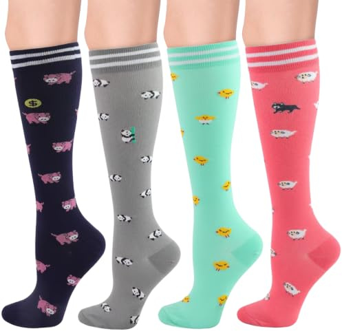 Simpeak 4 Pares Calcetines de Compresion para Mujeres Hombres, 15-20 mmHg Calcetines Hasta la Rodilla, Medias de Compresion de Animales para Deporte, Correr, Ciclismo, Volar y Viajar, 40-46