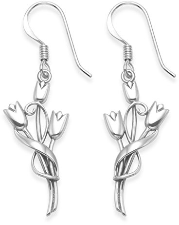 Sterling Silver Rennie Mackintosh Earrings - Three Tulips Drop Earrings - Size: 13mm x 25mm (40mm Including Earring Wire). Gift Boxed. 6107/B54HN.