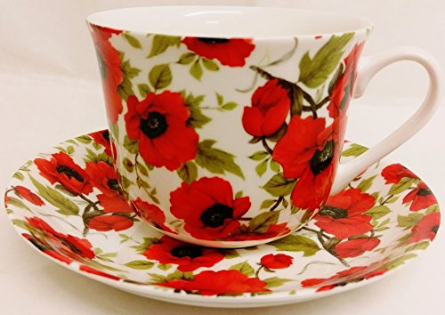 fromeuropewithlove Red Poppy Breakfast Cup & Saucer Fine Bone China Large Poppies Floral Cup & Saucer Set Hand Decorated in the U.K.