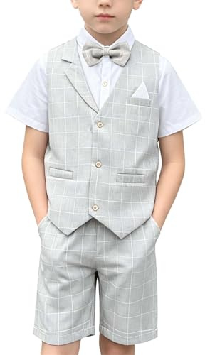 LOLANTA 4 pcs Toddler Boy Summer Mariage Coton/mélange de Lin Enfants Gilet Court Ensemble de Page Page Costumes, Gilet Costumes,Gris, 10-11 ans