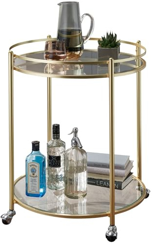 WOHNLING Carrello di Design James Oro Ø 57 cm | Carrello da tè in Metallo con Ruote | Carrello da Cucina con lastre di Vetro | Carrello per Bar Alto Circa 75 cm