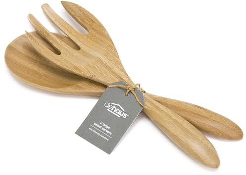 Dehaus® Große Salatbesteck aus BAMBUS, Ökologisches Küchenhelfer Holz, Set von Kochlöffel und Gabel, 2-teiliges Küchenutensilien, Holzlöffel Set, Kochutensilien, Küchenzange, Spaghettizange 30,5CM