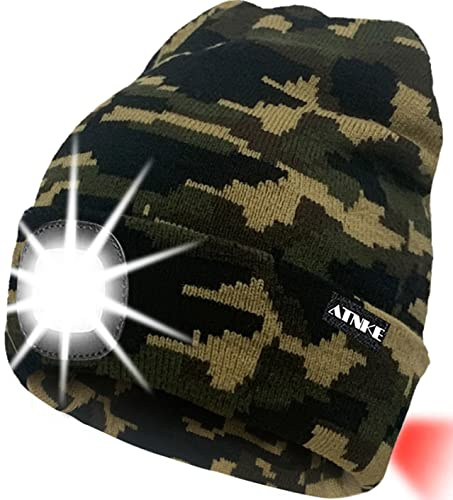ATNKE 8LED beleuchtete Strickmütze, wiederaufladbare USB-Scheinwerferkappe mit extrem Heller, wasserdichter Lampe und Blinkender Alarm Rotes Rücklicht Multi-Color