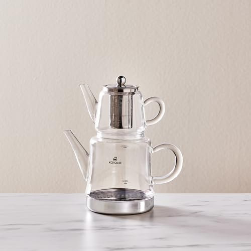 Karaca Dora - Juego de tetera de cristal, tetera de 0,45 L, hervidor de agua de 1,8 L, plata, transparente, tetera turca, tetera